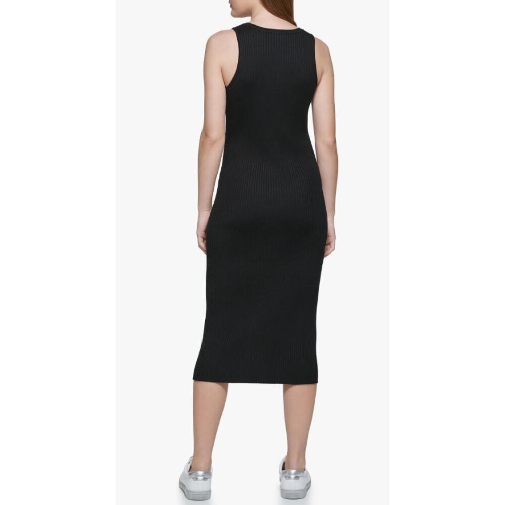 Calvin Klein Black Ribbed Midi Dress Medium Sleeveless V-Neck Bodycon - Picture 2 of 9